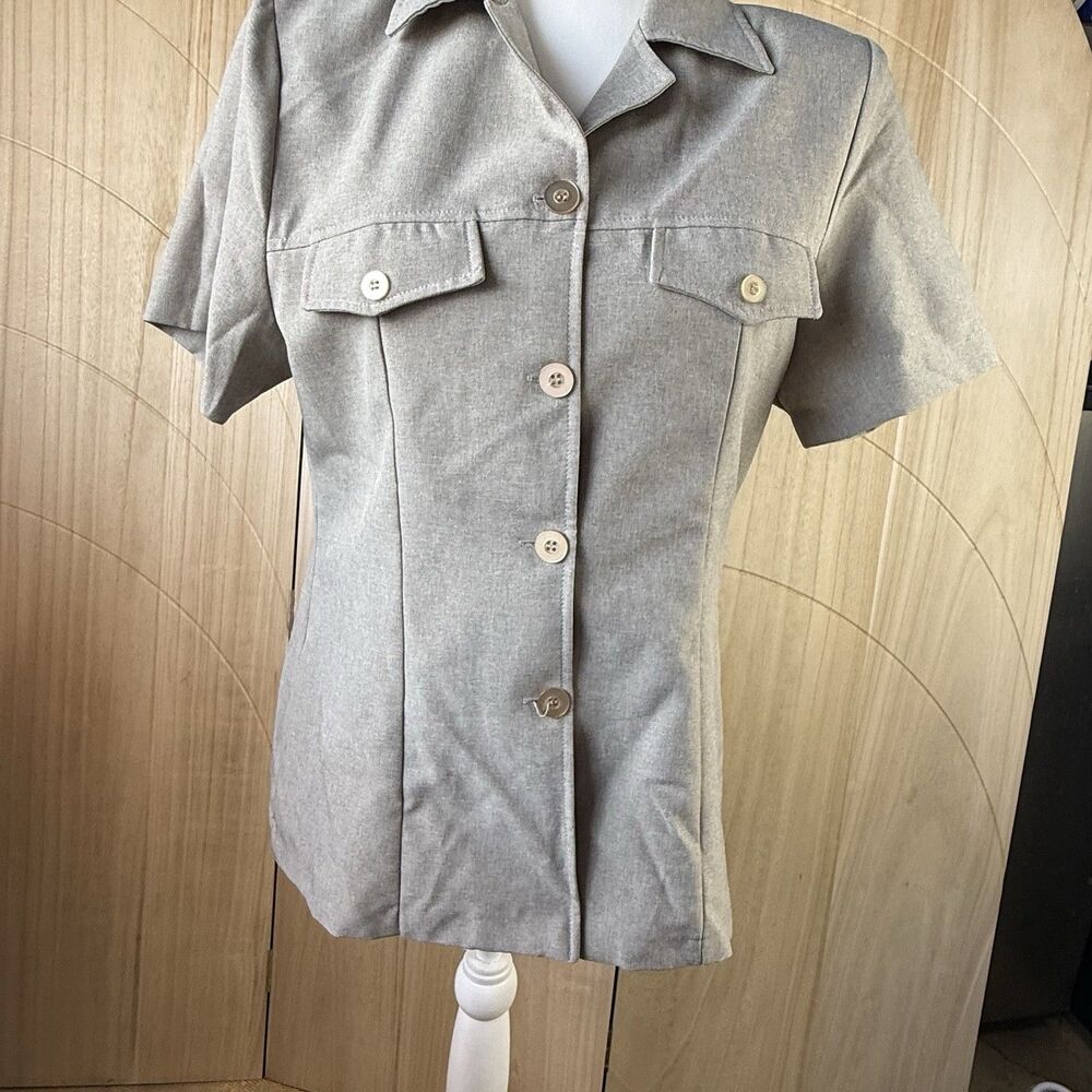 Vintage Pro-Fashion USA Womens Gray Button Front Blouse Utility Shirt Pocket
